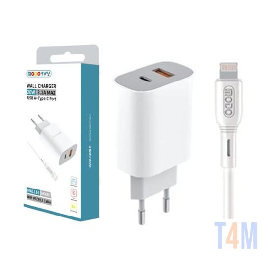 Carregador de Parede PD Modorwy MA1116 USB 2,0+Tipo-C con Lightning cabo 5V 3,1A Branco